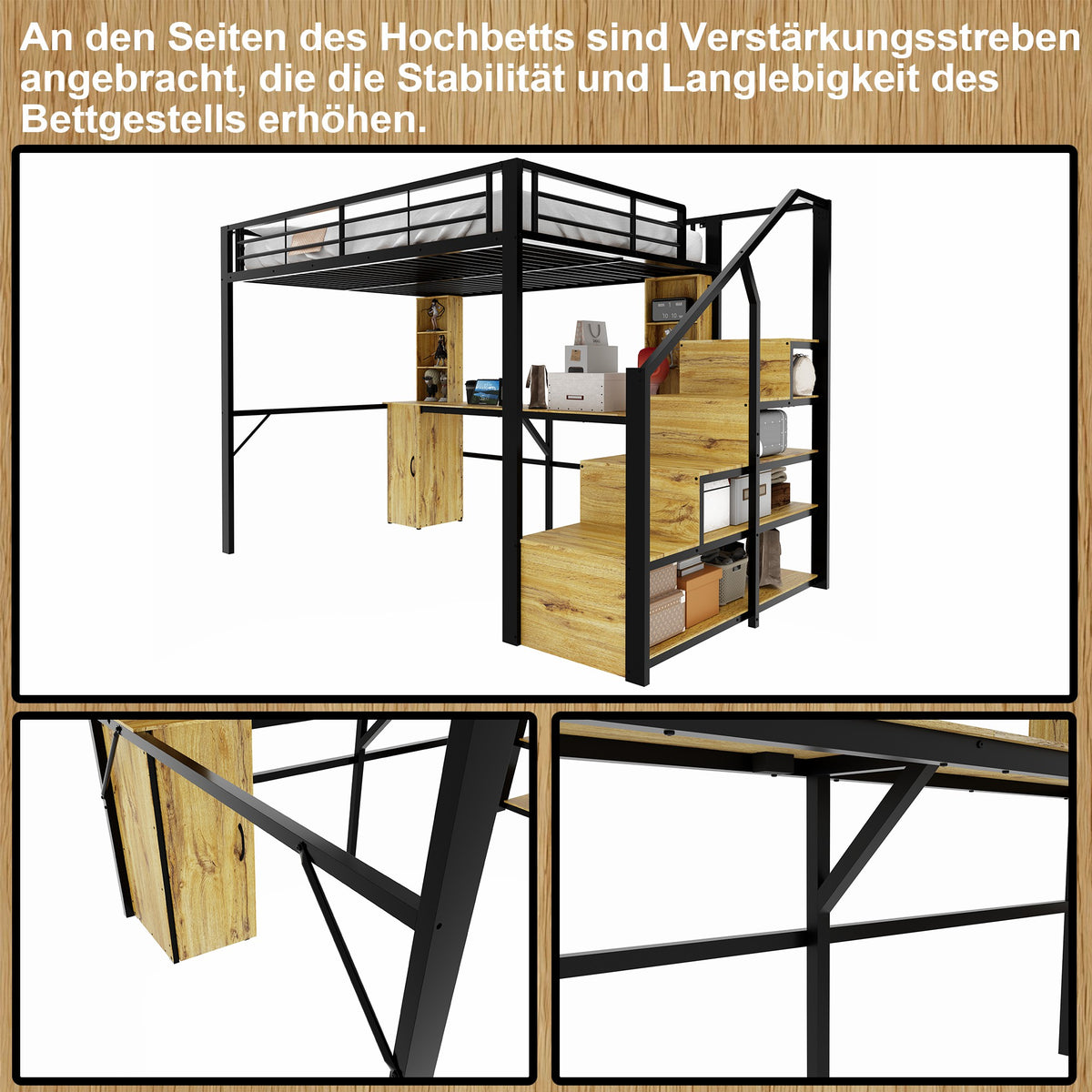 Metal Loft Bed 140x200cm with Desk & Wardrobe, Black