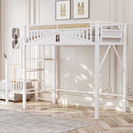 Metal Loft Bed, 90x200cm, Safety Rail with Window & Ladder, White