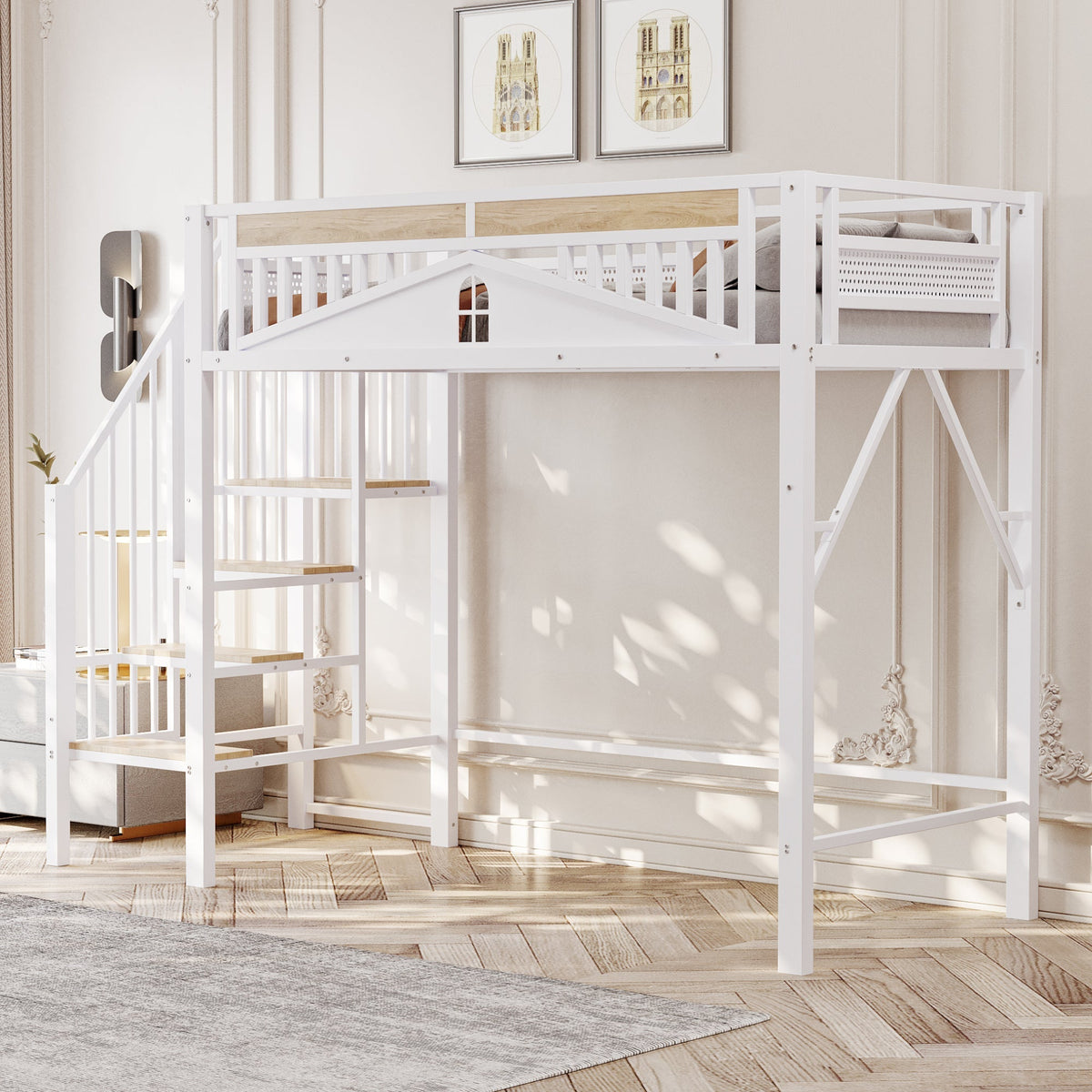 Metal Loft Bed, 90x200cm, Safety Rail with Window & Ladder, White