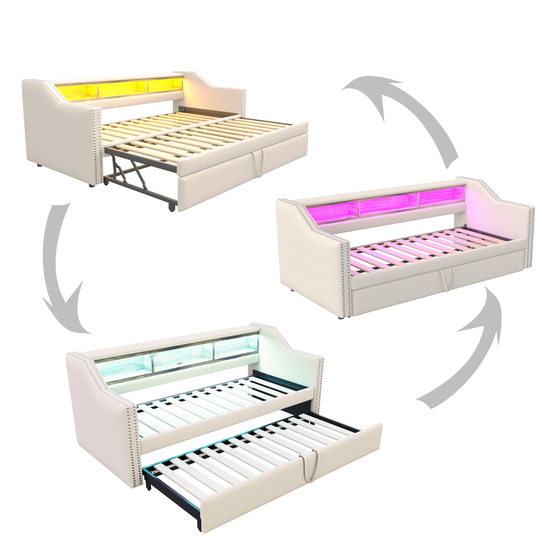 Upholstered Bed Extendable Sofa Bed 90/180 x 190 cm, Storage, LED, USB, Slatted Frame, Beige