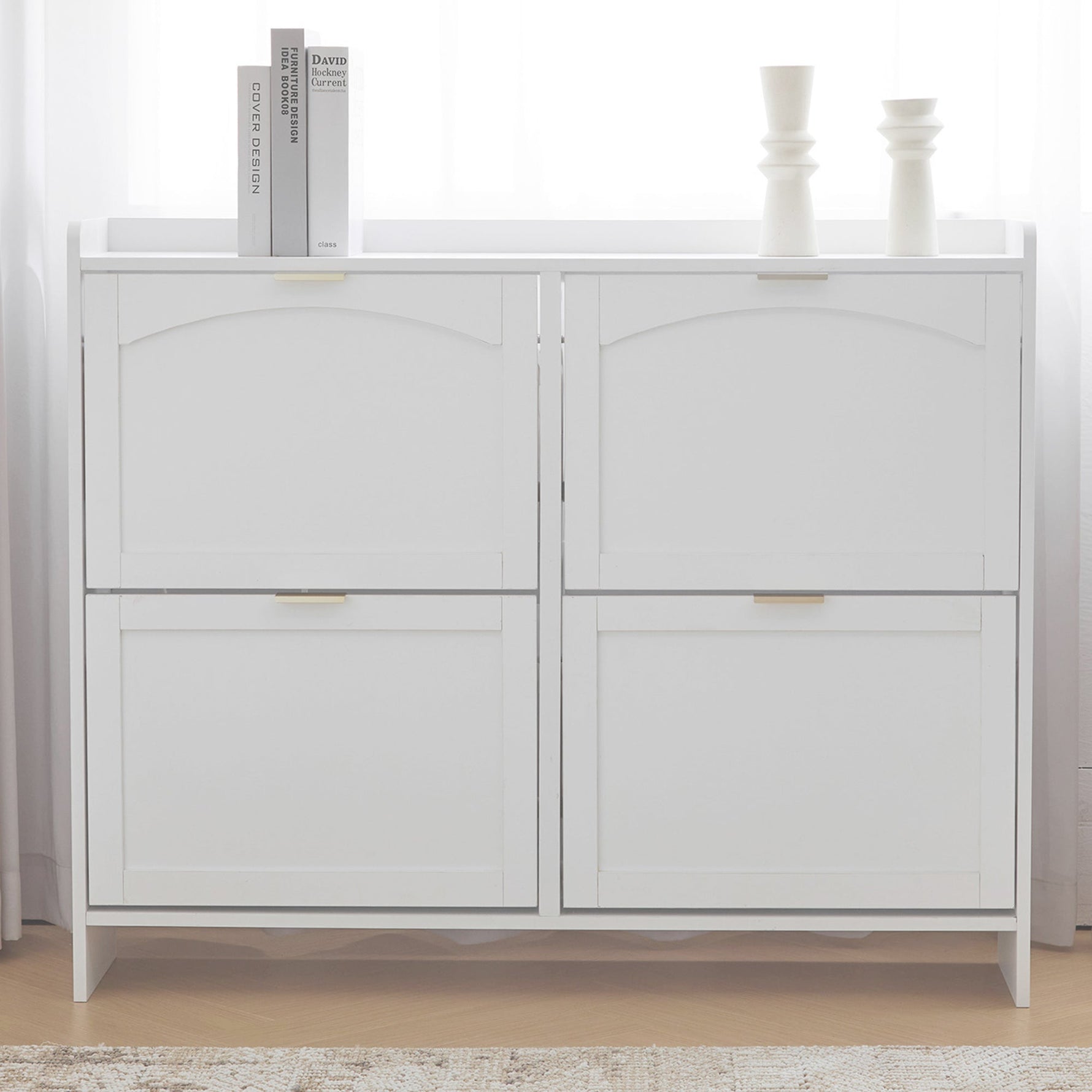 Shoe Cabinet 4 Drop-Down Compartments Open Shelves Entryway/Hallway, White