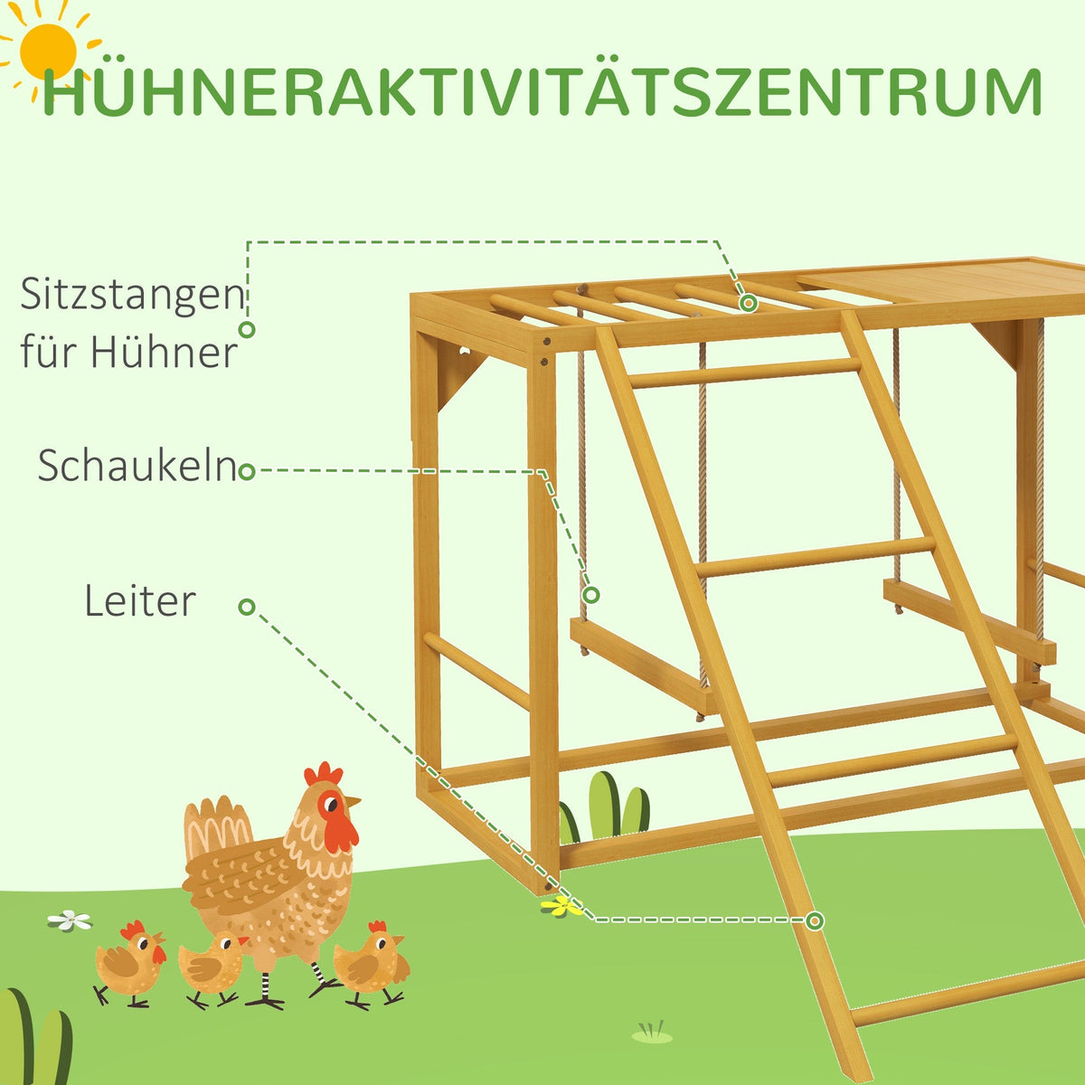 Chicken Play Frame, Playground with Swings and Ladder for 3-4 Chickens, Natural Wood