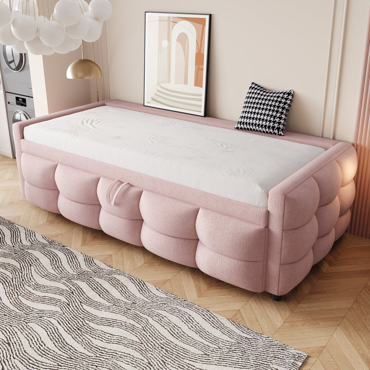 Upholstered Extendable Sofa Bed with Slatted Base, 90/180x190cm, Pink Teddy Velvet