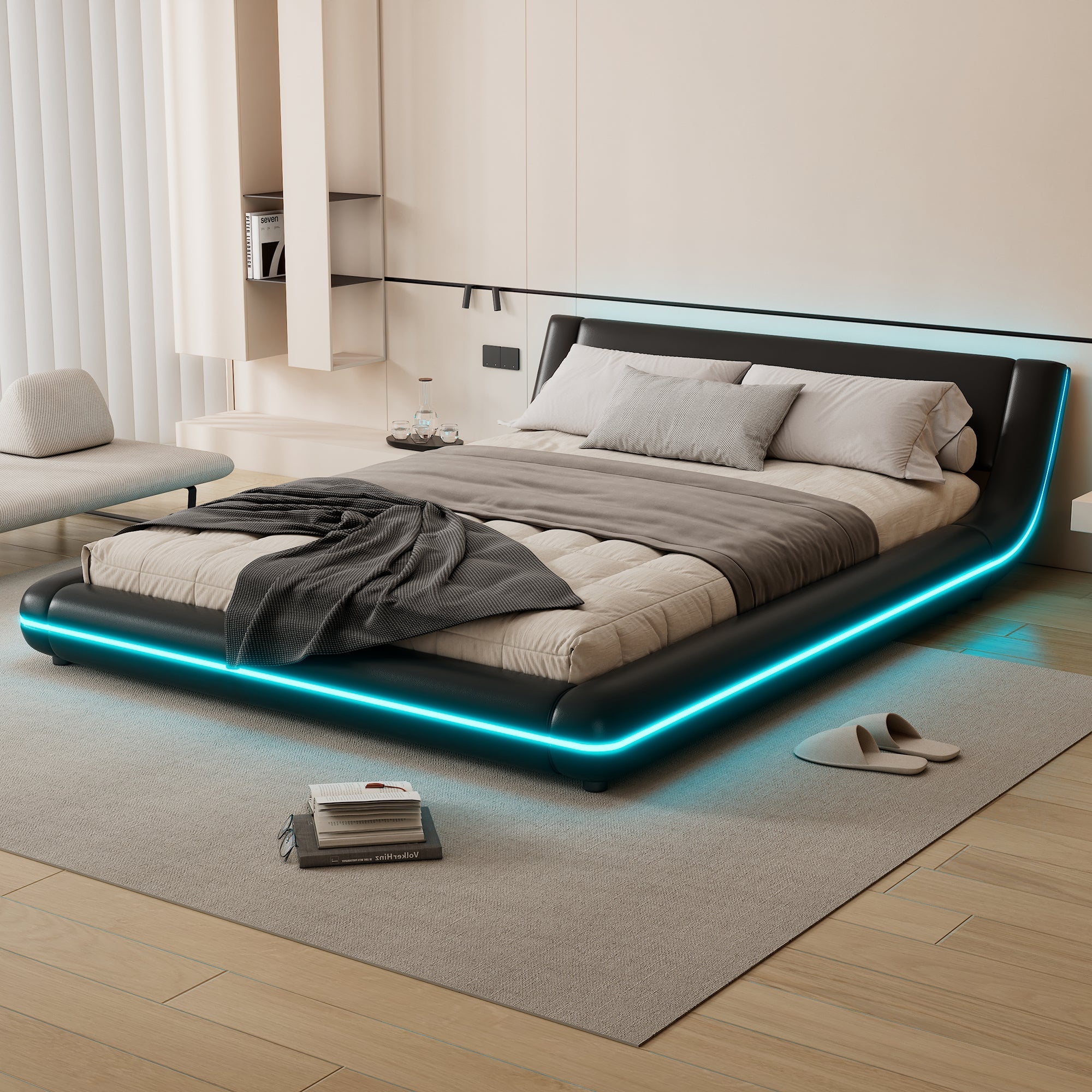 Floor Bed 140x200cm LED Ambient Light - PU Black
