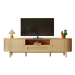 Modern TV Cabinet, Rattan Drawers Open Compartments Rounded Top, Wood Look Metal Legs
