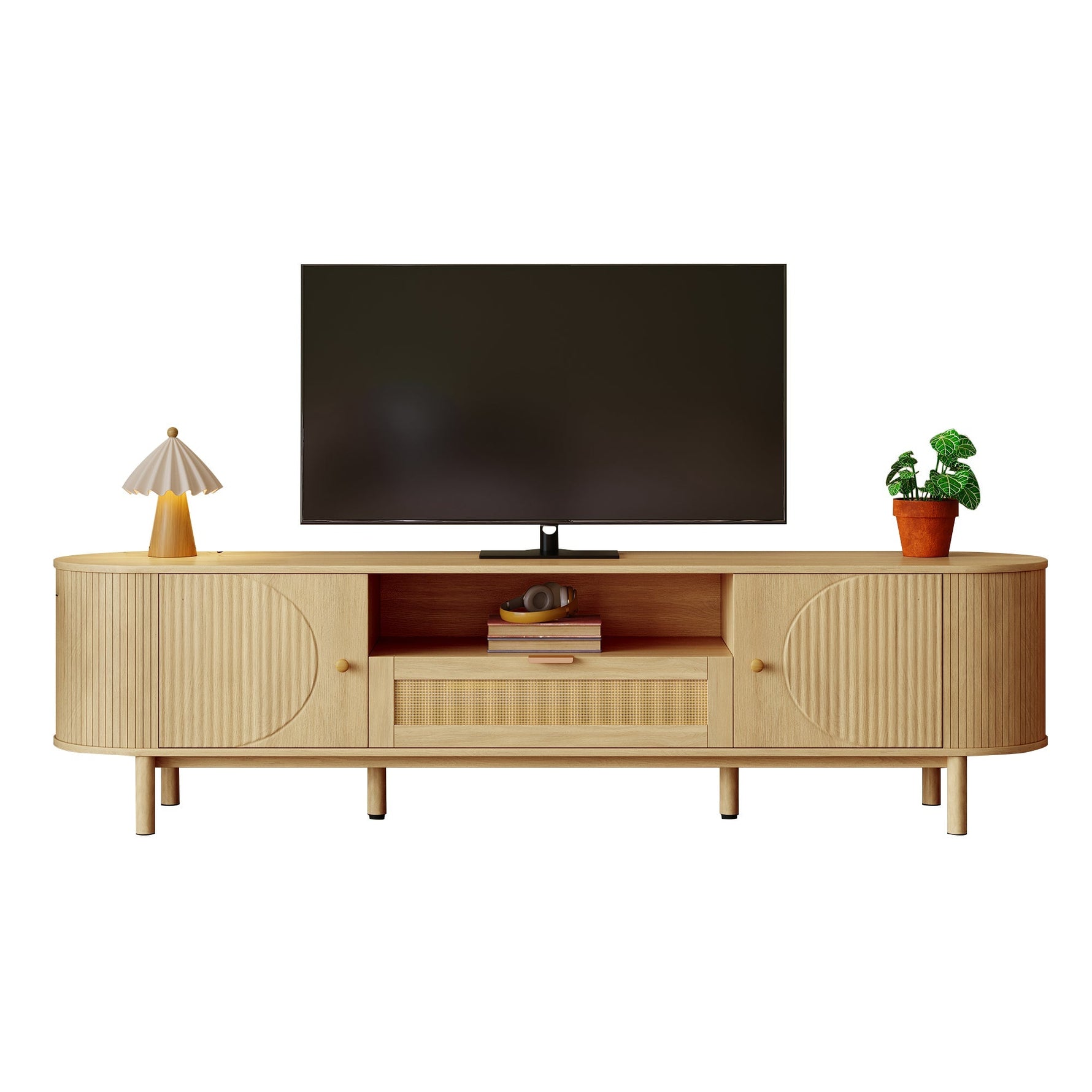 Modern TV Cabinet, Rattan Drawers Open Compartments Rounded Top, Wood Look Metal Legs