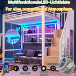 Loft Bed 90x200cm with Storage Ladder & LED Lights, White Iron Frame