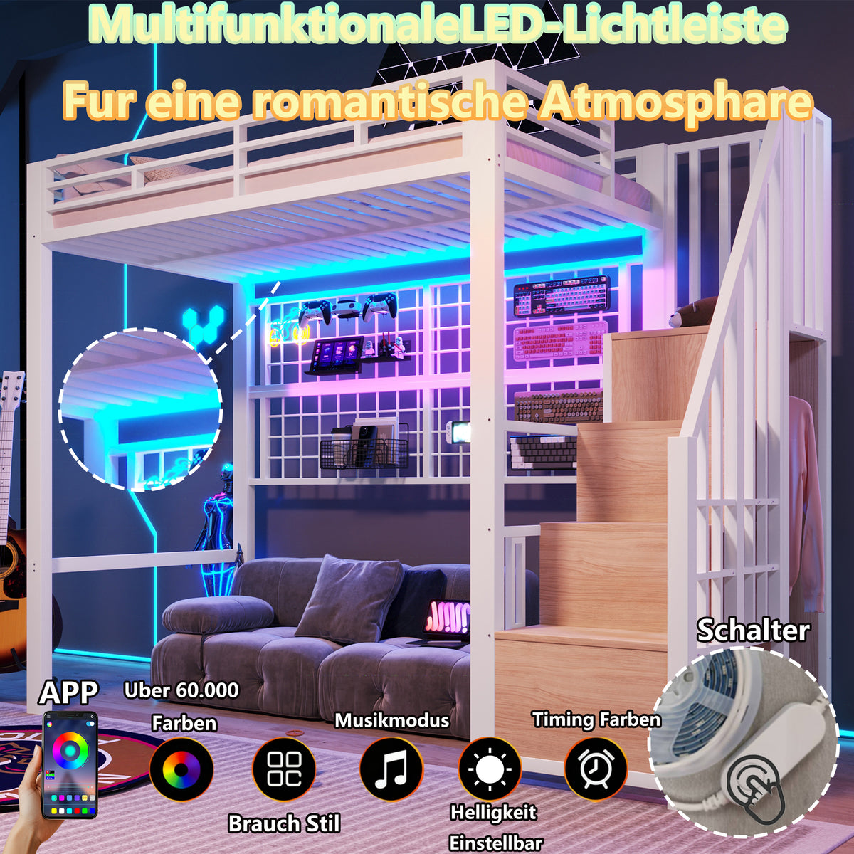 Loft Bed 90x200cm with Storage Ladder & LED Lights, White Iron Frame