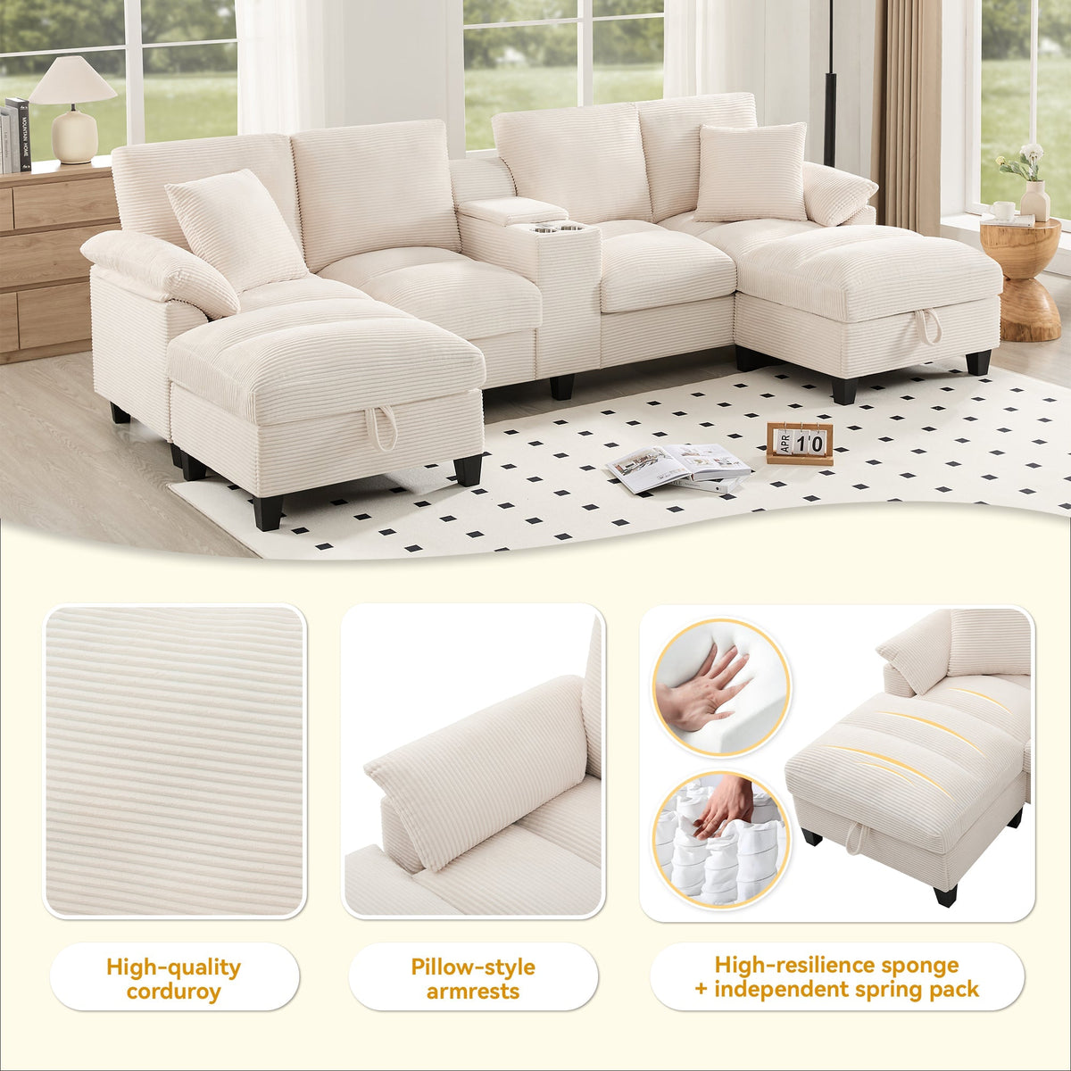 U-shaped Sofa 4-Seater with Storage USB Ports Cup Holders Oversized Corduroy