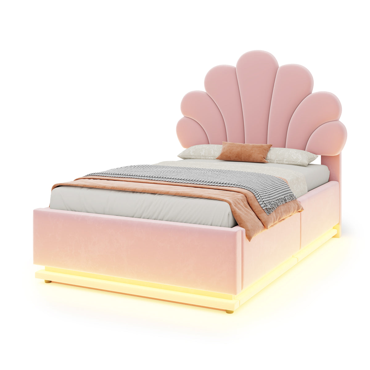Upholstered Bed 90x200cm, Flower Headboard & Storage, Pink Velvet