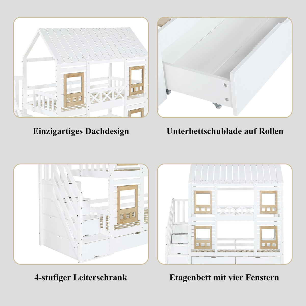 Bunk Bed Children's 90x200cm Safety Rail Storage Drawers Stairs, Pine+MDF White/Natural