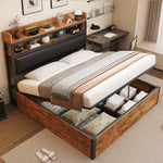 Bed Frame, 180x200, Hydraulic Lift, USB, Upholstered Headboard, Wood & Metal, Black