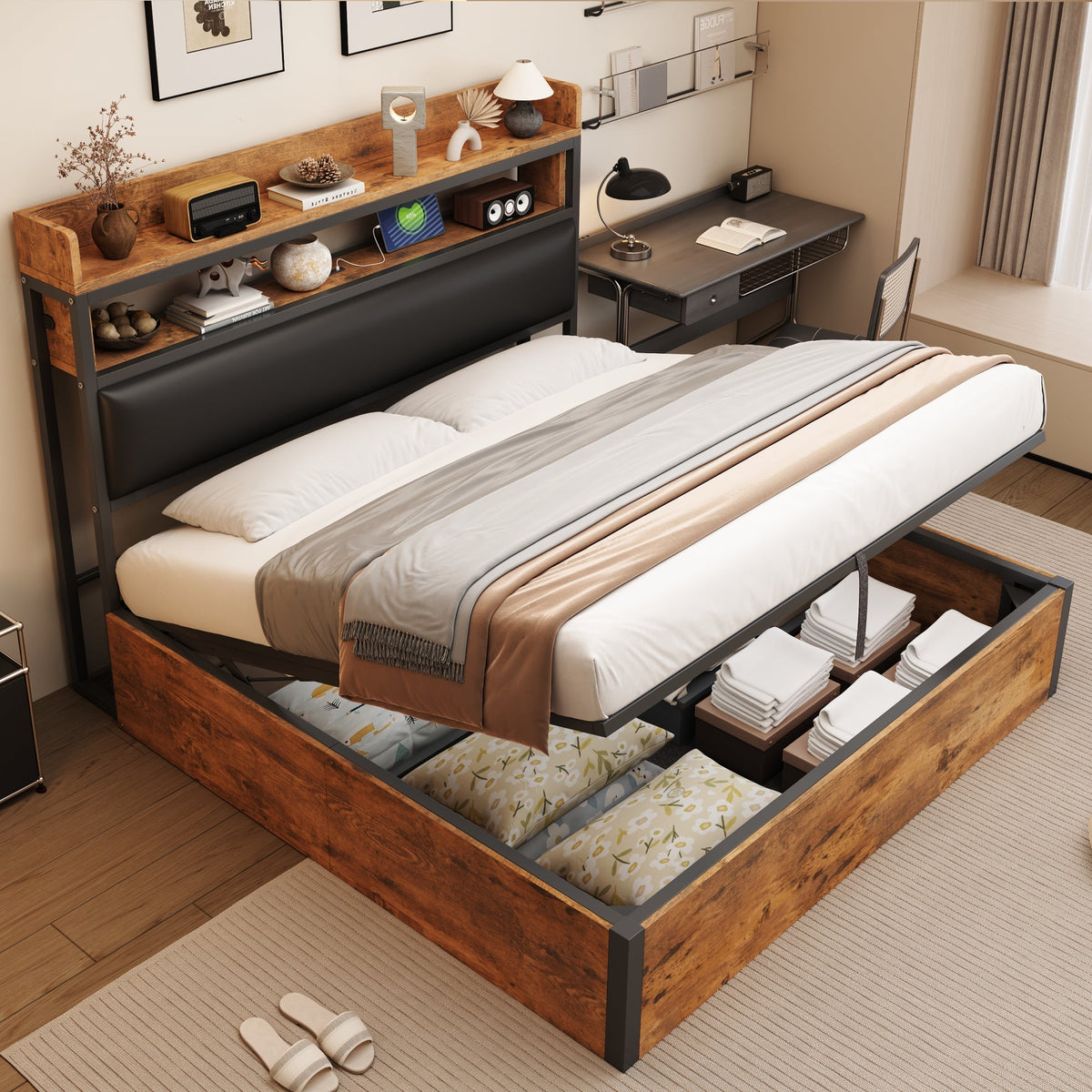 Bed Frame, 180x200, Hydraulic Lift, USB, Upholstered Headboard, Wood & Metal, Black