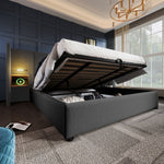 Upholstered Double Bed 180x200 with Bedside Table, Reading Lamp, USB-C Charging, Storage Frame, Solid Wood & Metal, Gray Linen