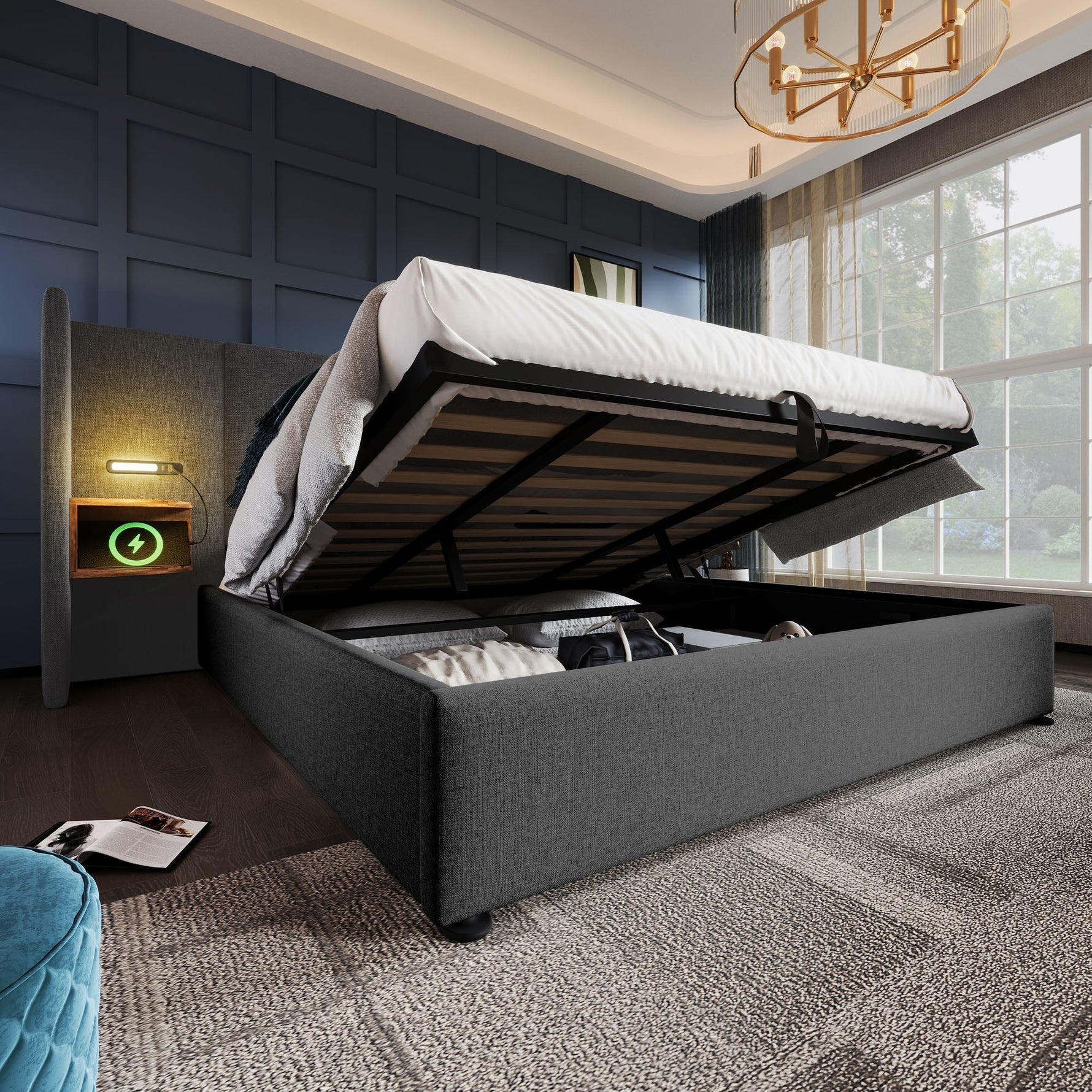 Upholstered Double Bed 180x200 with Bedside Table, Reading Lamp, USB-C Charging, Storage Frame, Solid Wood & Metal, Gray Linen