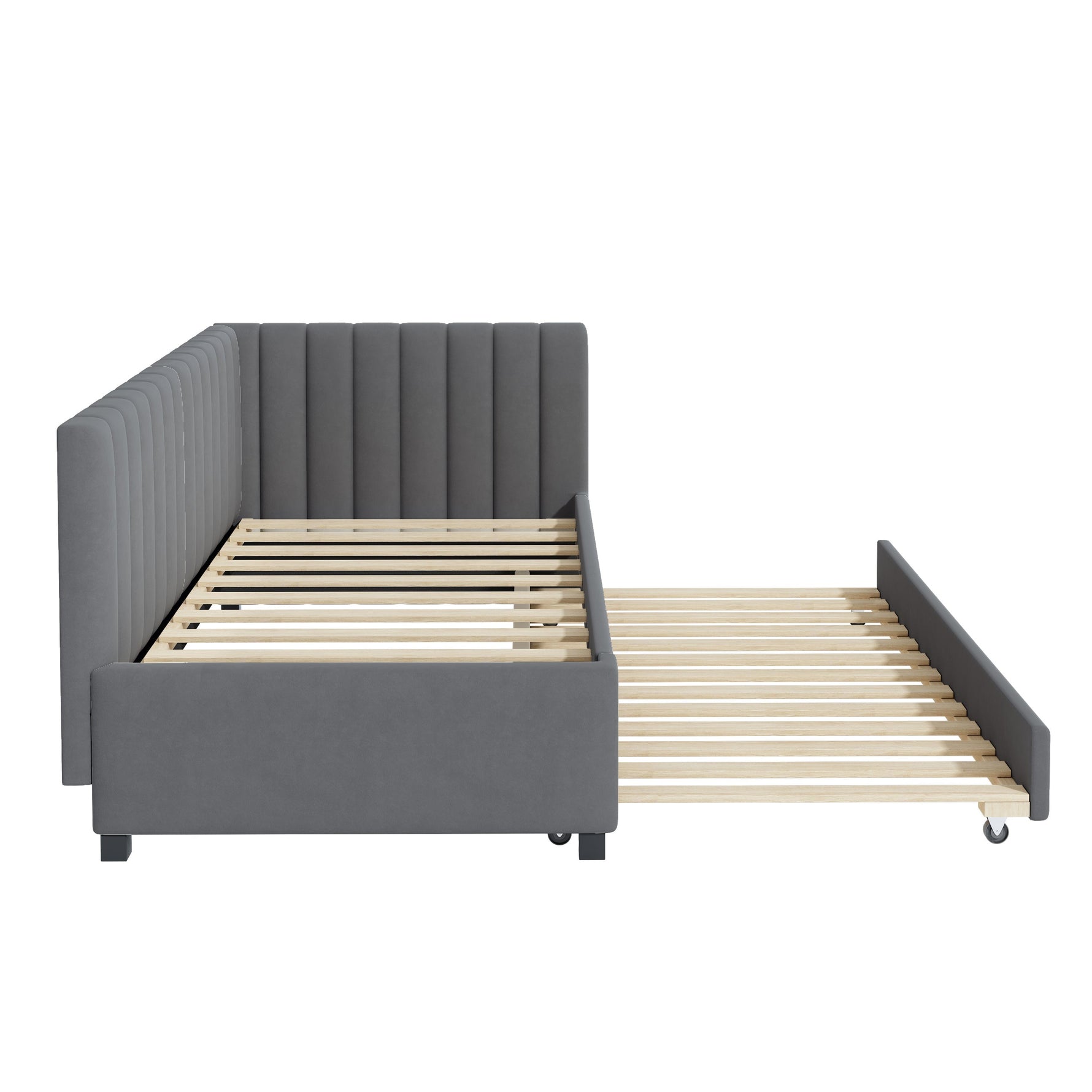 Upholstered Bed 90x200, Pull-Out Multifunctional Sofa Bed with Slatted Frame, Velvet Fabric Gray