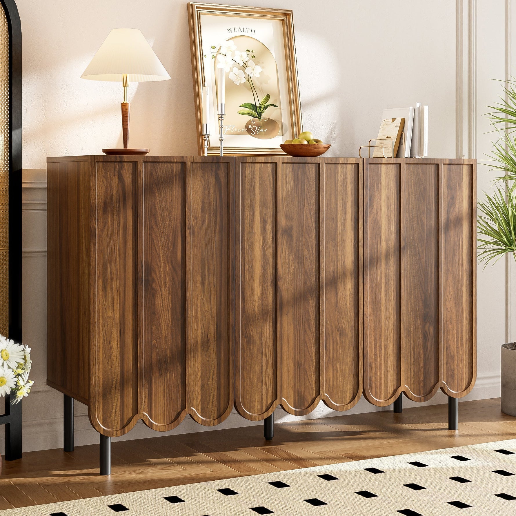 Sideboard - Wave Doors, Handleless, Adjustable Shelves, 120x35x80 cm - Wood