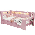 Upholstered Daybed with USB, LED, Pull-out Bed and Desk, 90x200cm, Pink