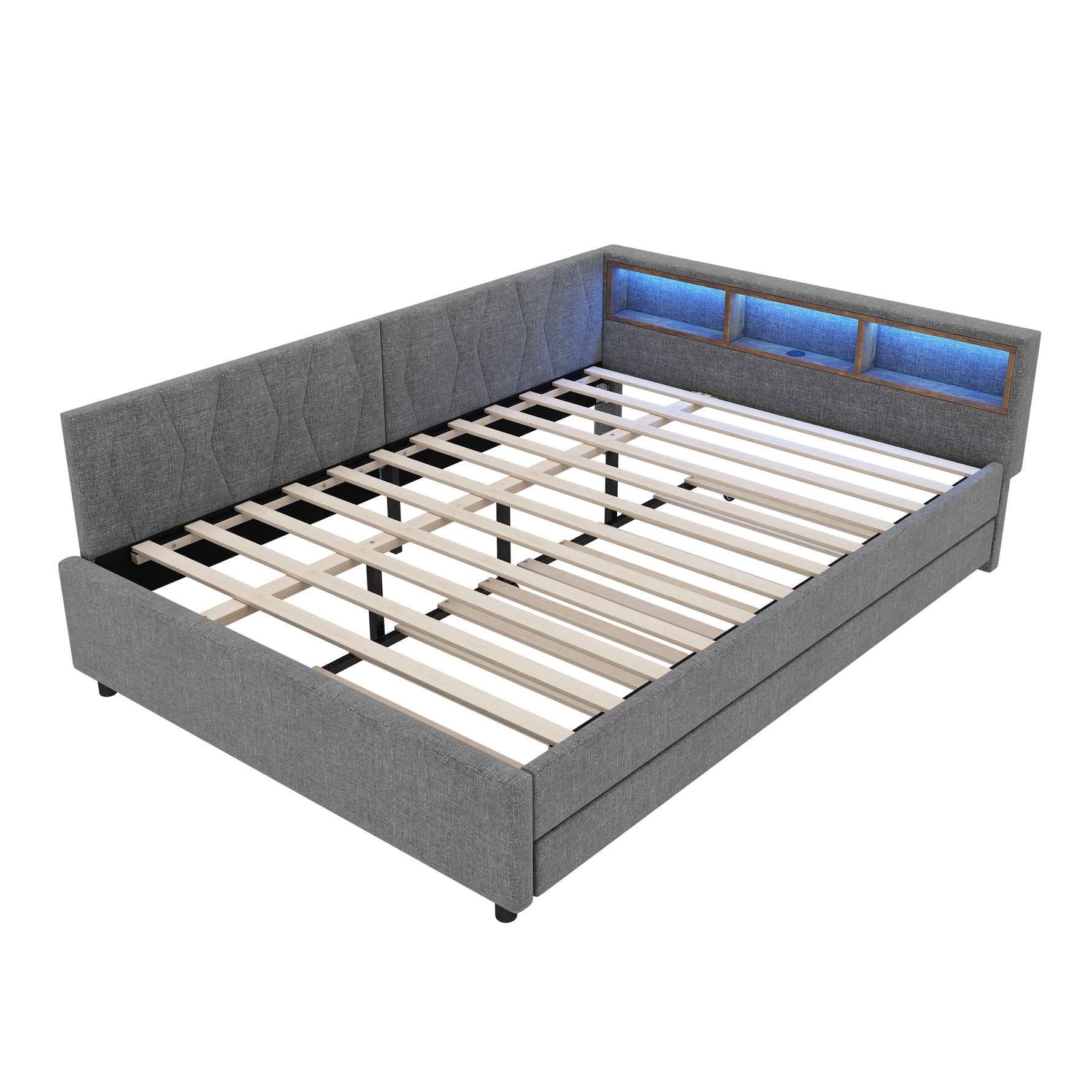 Daybed 140x200cm with Pull-out Bed, Storage, USB and LED, Grey Linen
