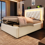 Upholstered Single Bed 90x200cm with LED & Storage, Beige Velvet