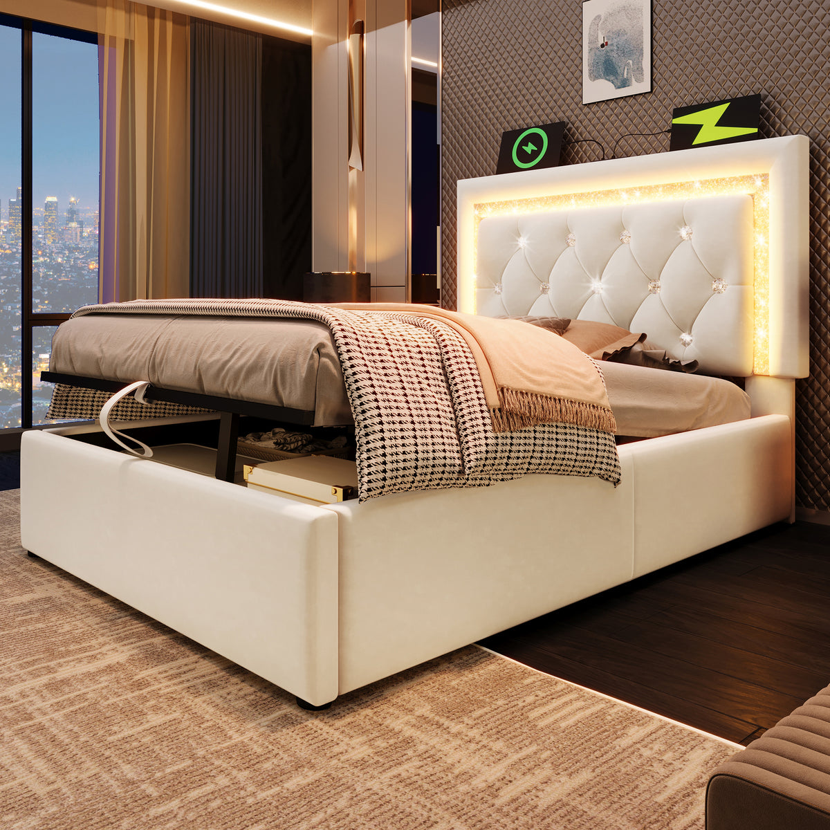 Upholstered Single Bed 90x200cm with LED & Storage, Beige Velvet