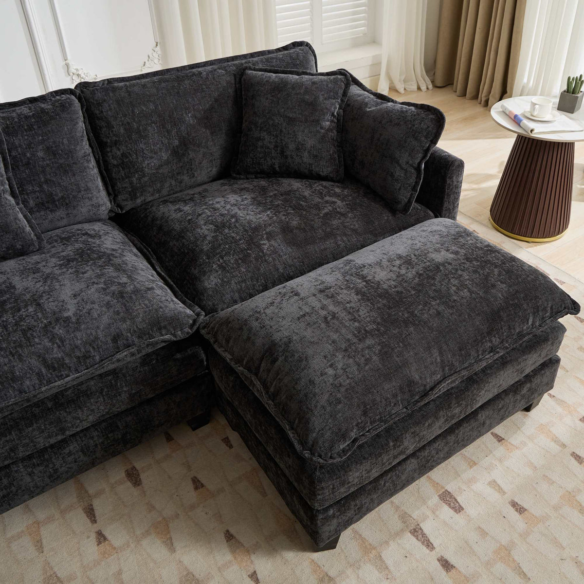 Cloud Sofa 3 Seater Modern Sectional Couch with Double Layer Upholstered Cushion, Black Chenille Fabric