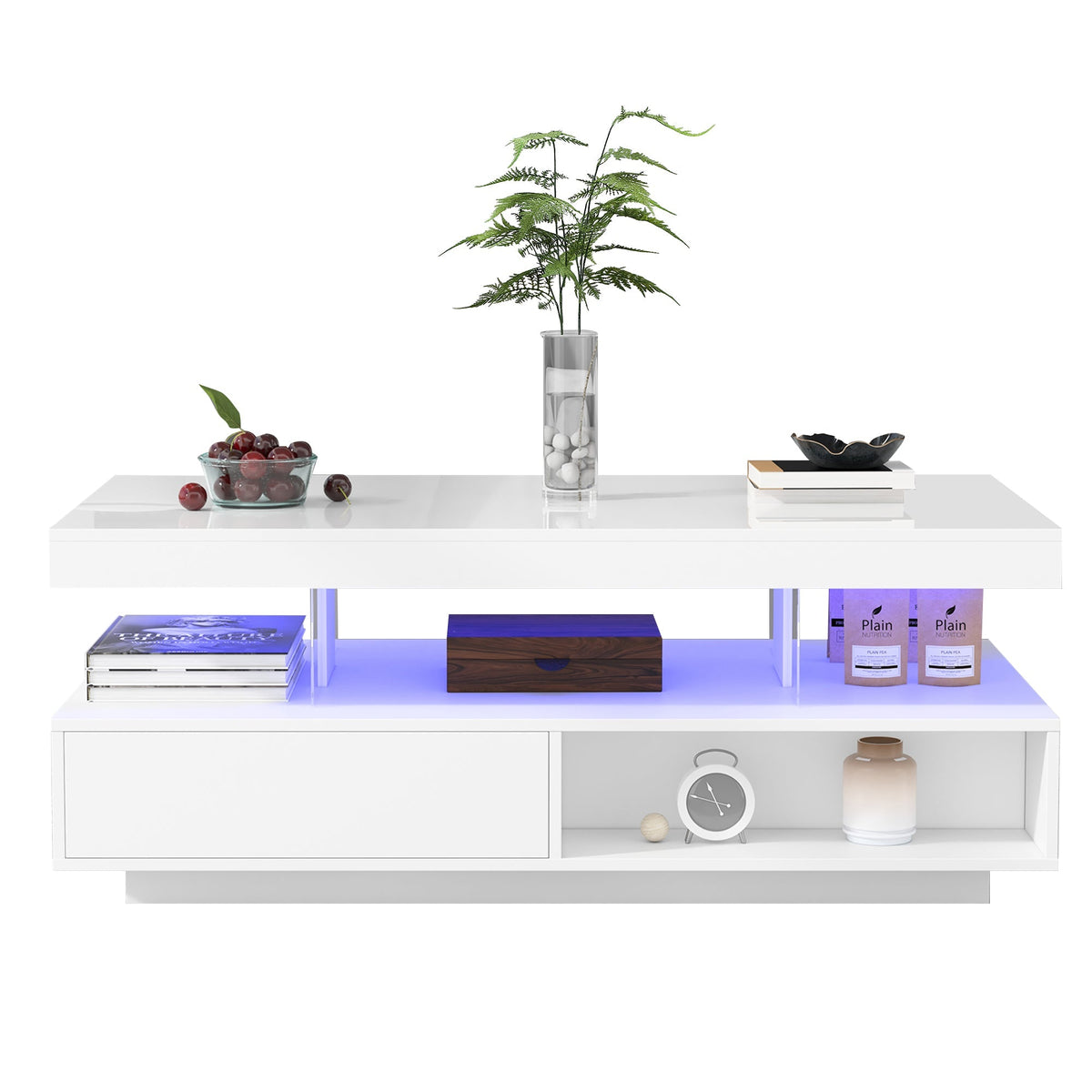 Coffee Table 95x50x42.5 cm with 4 Glass Tops, 2 Drawers, 2 Open Compartments, White High-Gloss