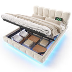 Upholstered Bed 140x190cm, Hydraulic Storage & LED, Beige Chenille