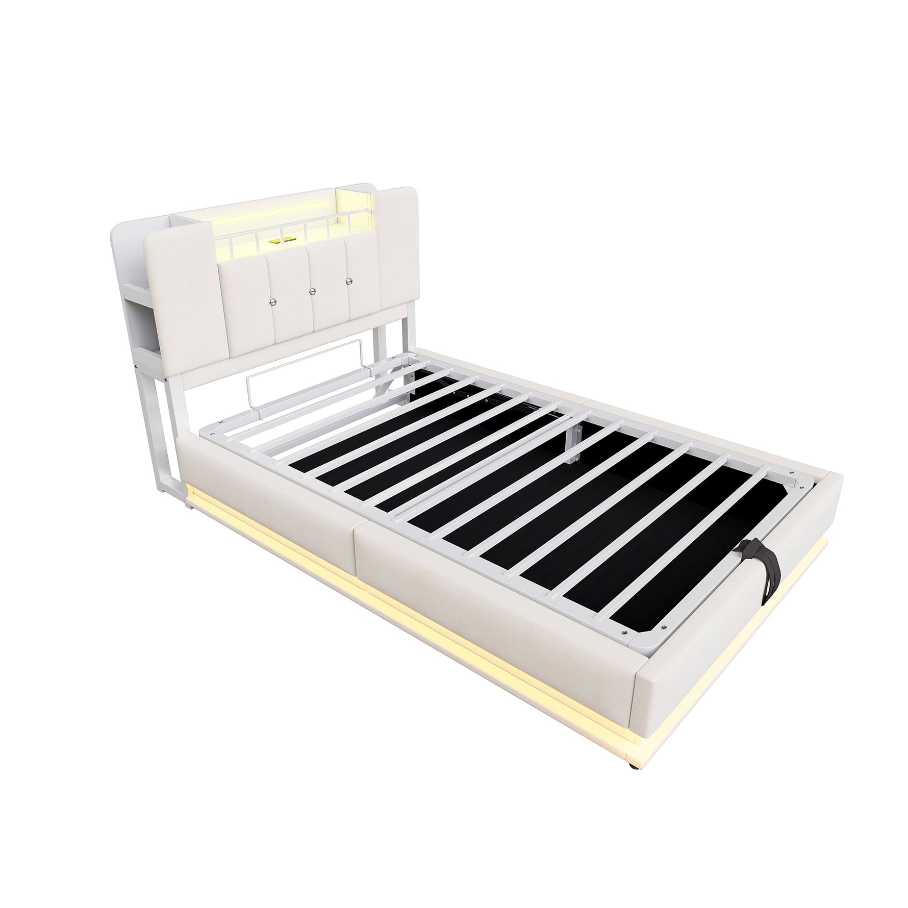 Smart Upholstered Bed with LED, USB and Hydraulic Storage, Beige Velvet