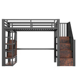 Loft Bed with Storage Steps and LED Light Strip, Black Iron Frame