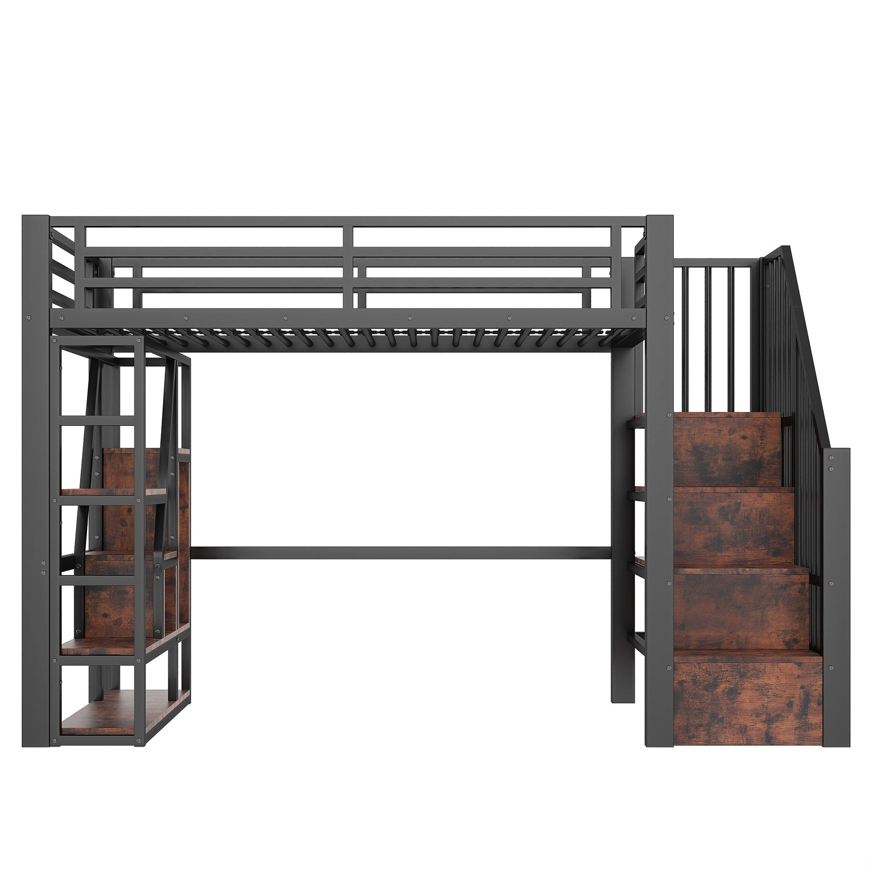Loft Bed with Storage Steps and LED Light Strip, Black Iron Frame