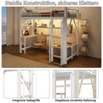 Loft Bed 90x200cm with Desk, Shelves & LED, White Iron Frame