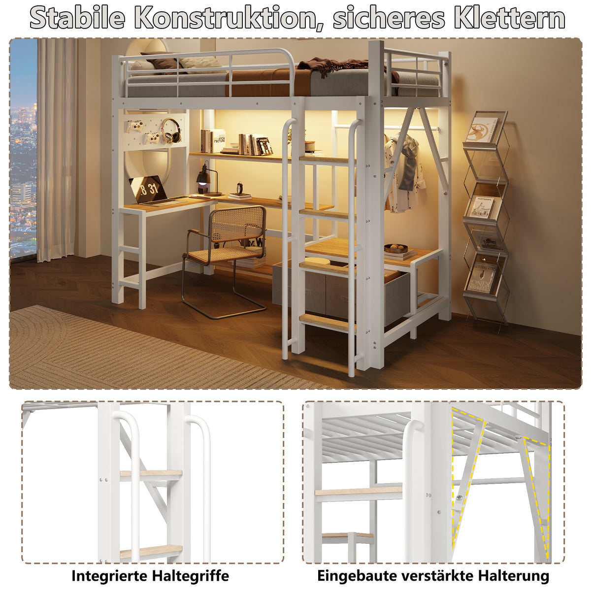 Loft Bed 90x200cm with Desk, Shelves & LED, White Iron Frame