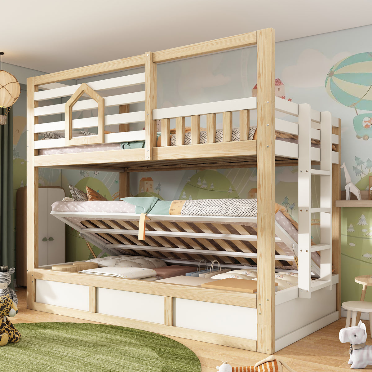 Children's Bunk Bed 90x200cm Cabin Storage, White & Natural Wood