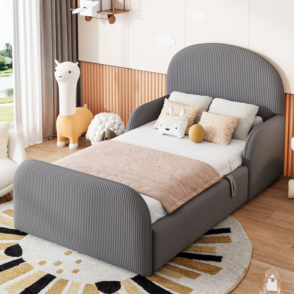 Children's Upholstered Bed 90x200 Hydraulic Storage, Grey Velvet