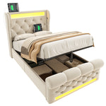Upholstered Single Bed 90x200cm LED Headboard USB Type-C Hydraulic Storage, Beige Velvet