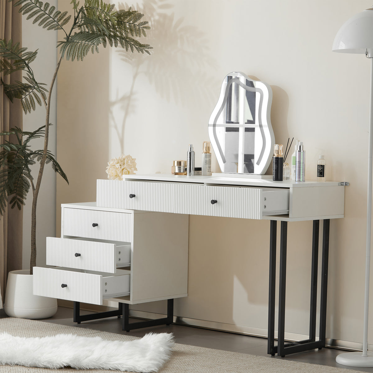 Dressing Table Set with 3-Color LED Mirror & Extendable Tabletop