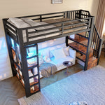 Loft Bed with Storage Steps and LED Light Strip, Black Iron Frame