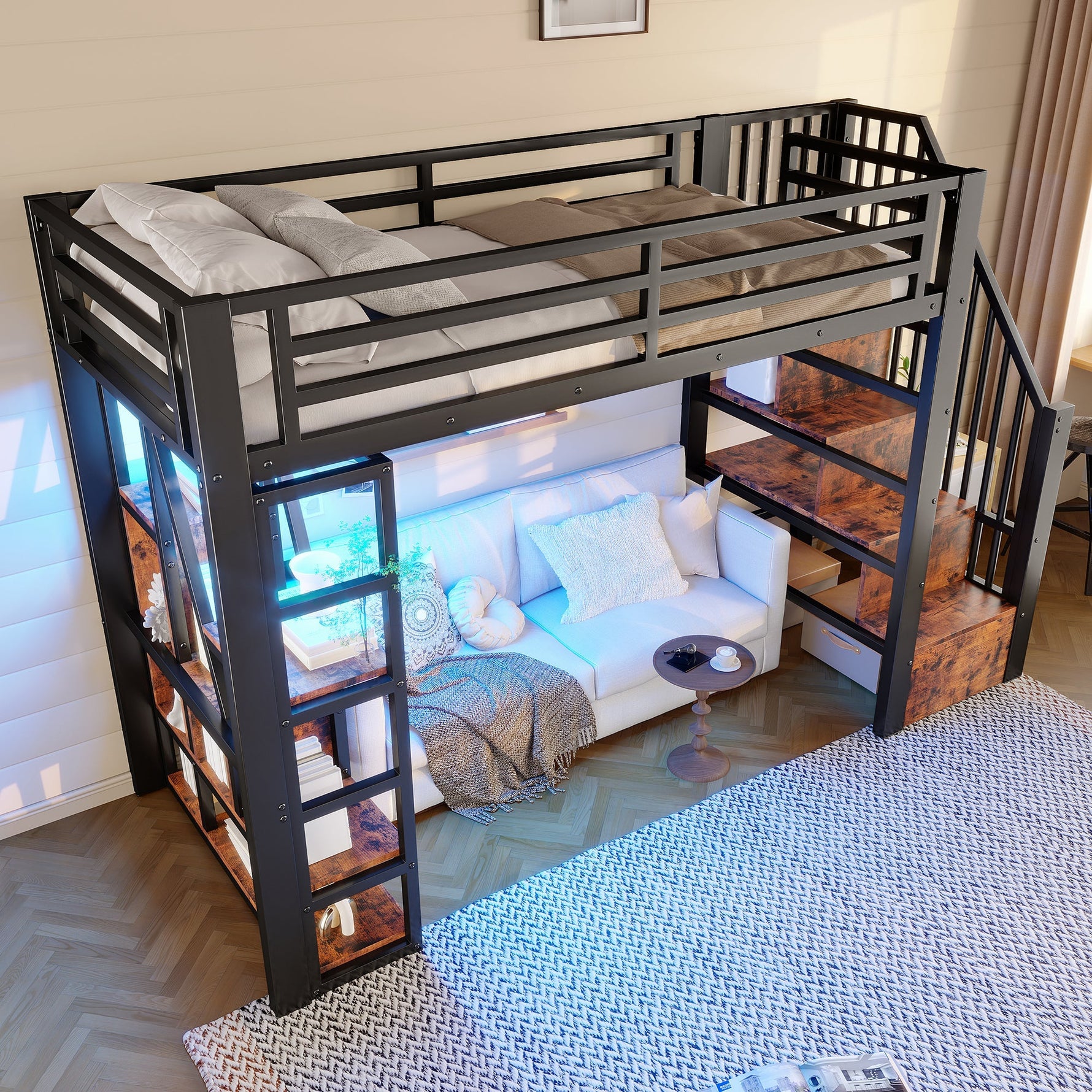 Loft Bed with Storage Steps and LED Light Strip, Black Iron Frame