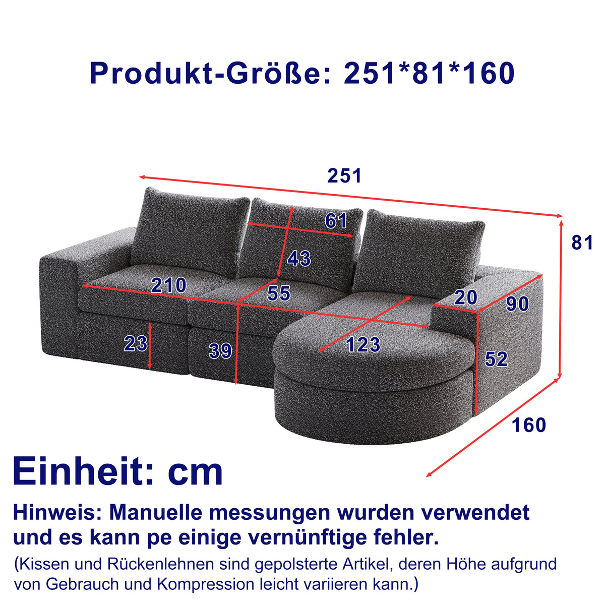 Chenille Sofa, Curved Modular L-Lounger, Foam Compressed