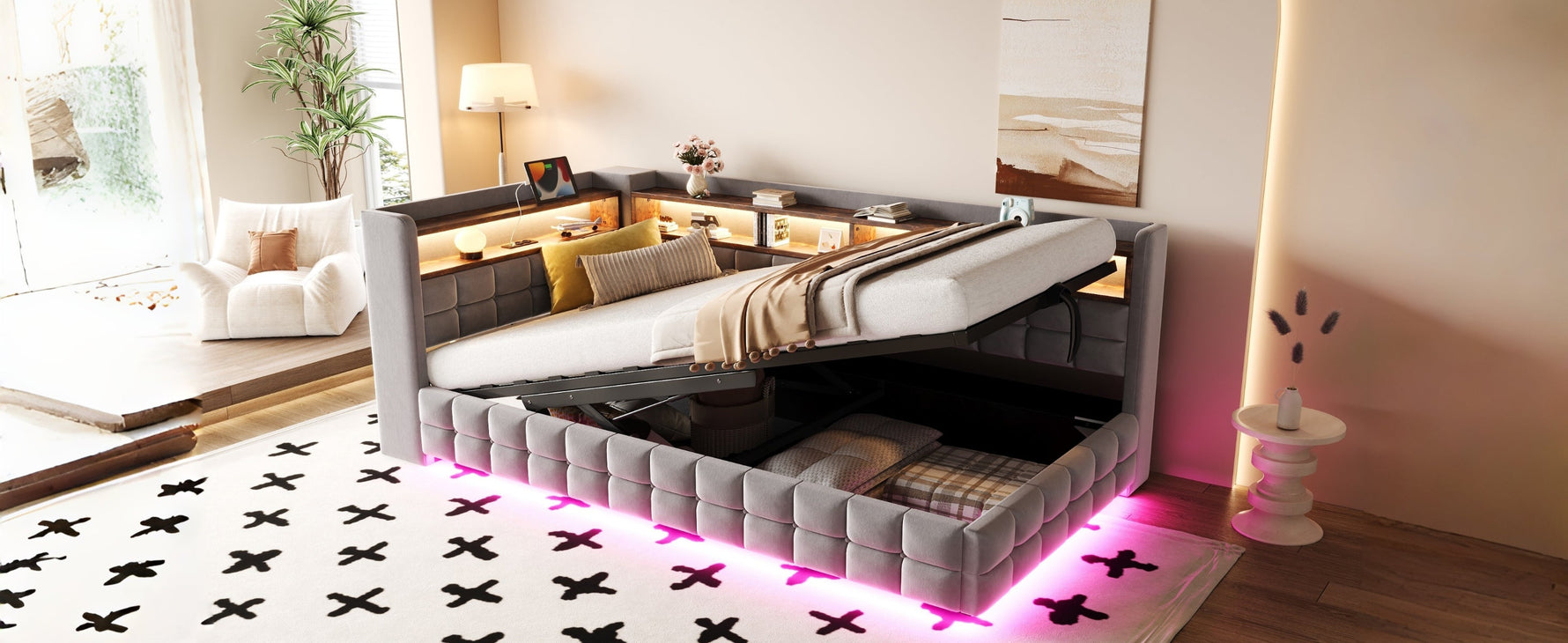 Multifunctional Upholstered Sofa Bed with Hydraulic Storage, LED and USB Ports, Light Grey Velvet