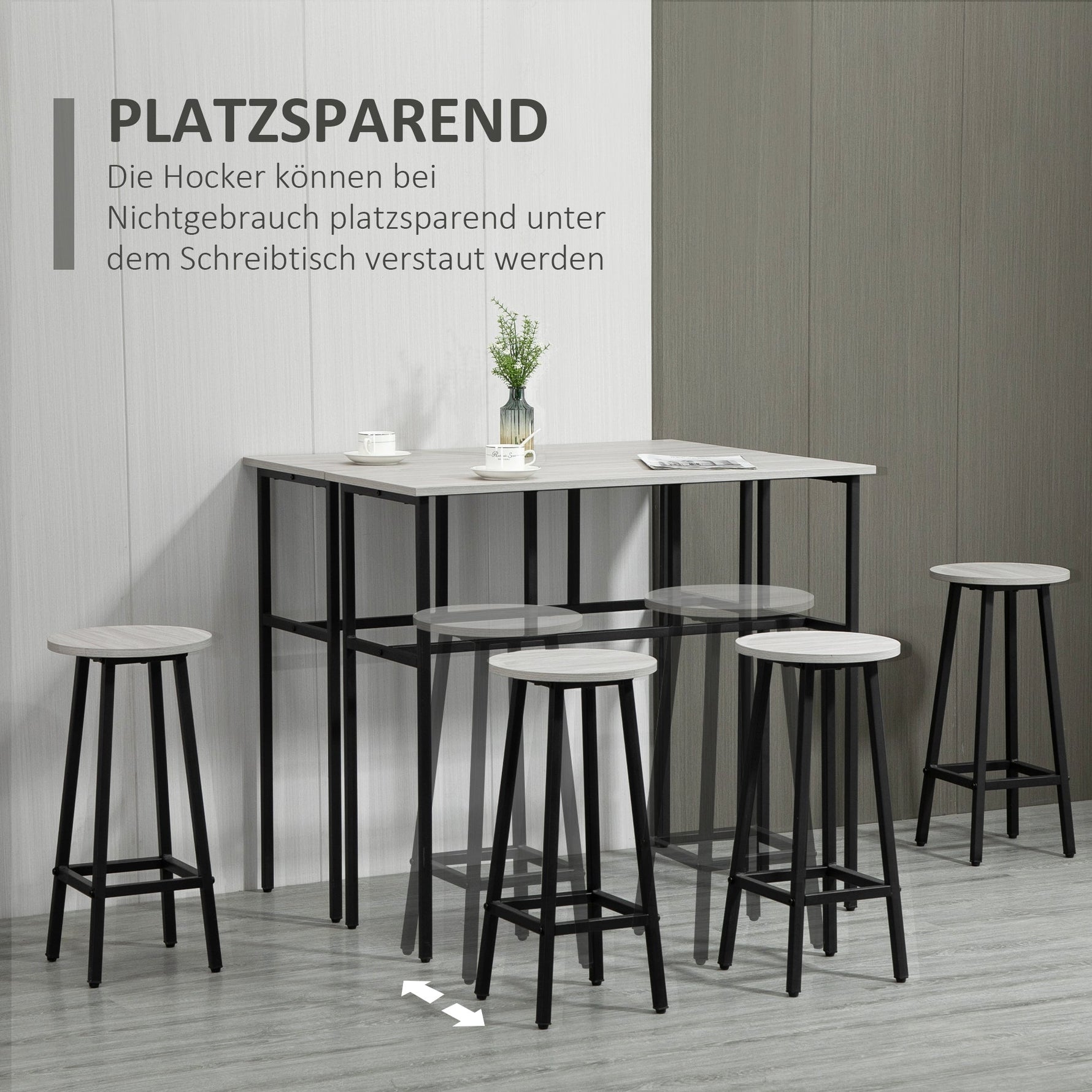 Dining Set, 6-Piece with 2 Bar Tables and 4 Stools, Industrial Design, Gray and Black Chipboard and Steel