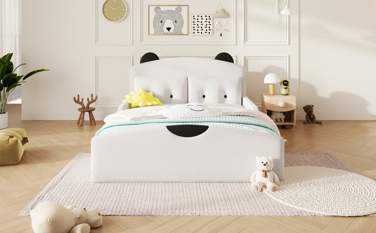 Platform Bed 140x200 with Bear Headboard & Cushions - White Linen