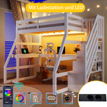 Wooden Loft Bed 90x200 with Desk, LED, USB & Storage Stairs, White