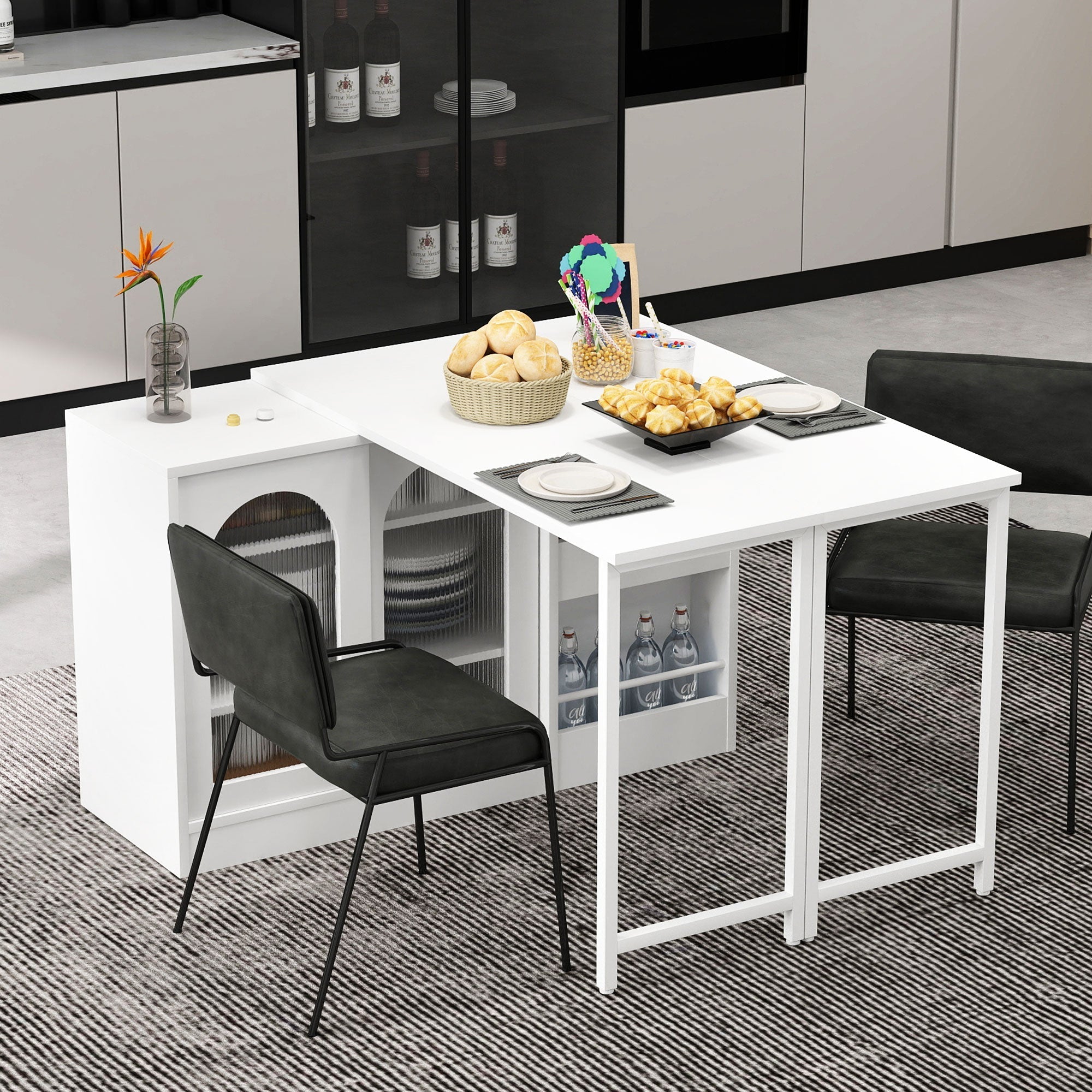 Bar Table, Extendable 360° Rotating with Storage & Glass Door, White