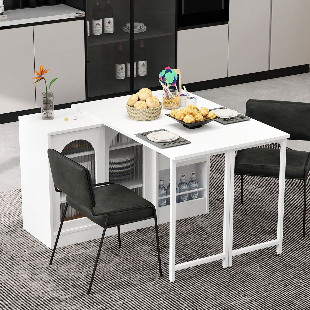 Bar Table, Extendable 360° Rotating with Storage & Glass Door, White