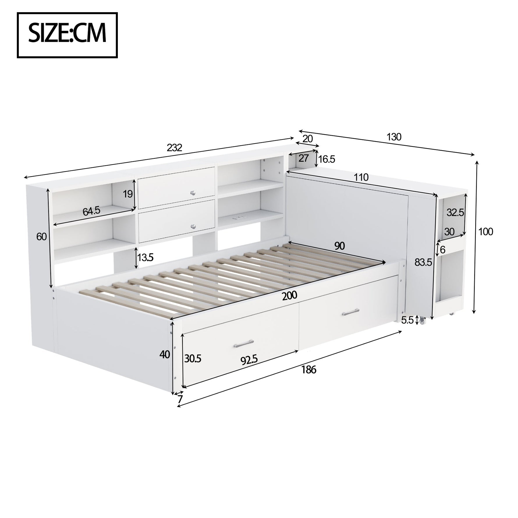 Wooden Sofa Bed 90x200cm Multifunctional Storage Pull-Out Desk, White