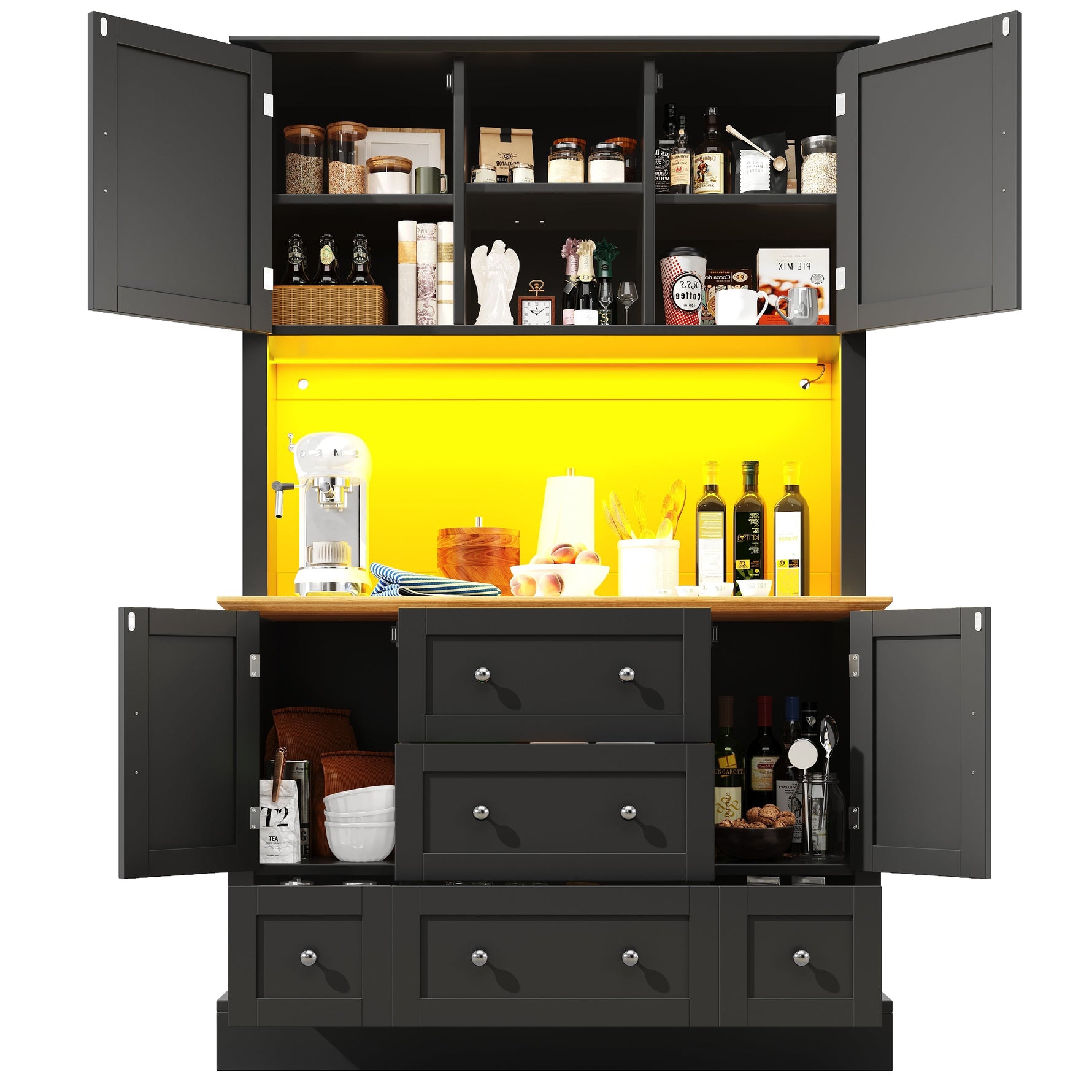 Tall Cabinet 115x180cm with LED App Control & Music, 4 Doors 5 Drawers Display Storage, Black