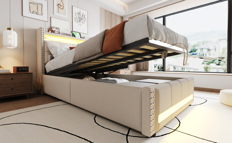 Upholstered Children's Bed with LED, USB, Storage, 90x200cm, Linen Fabric Beige