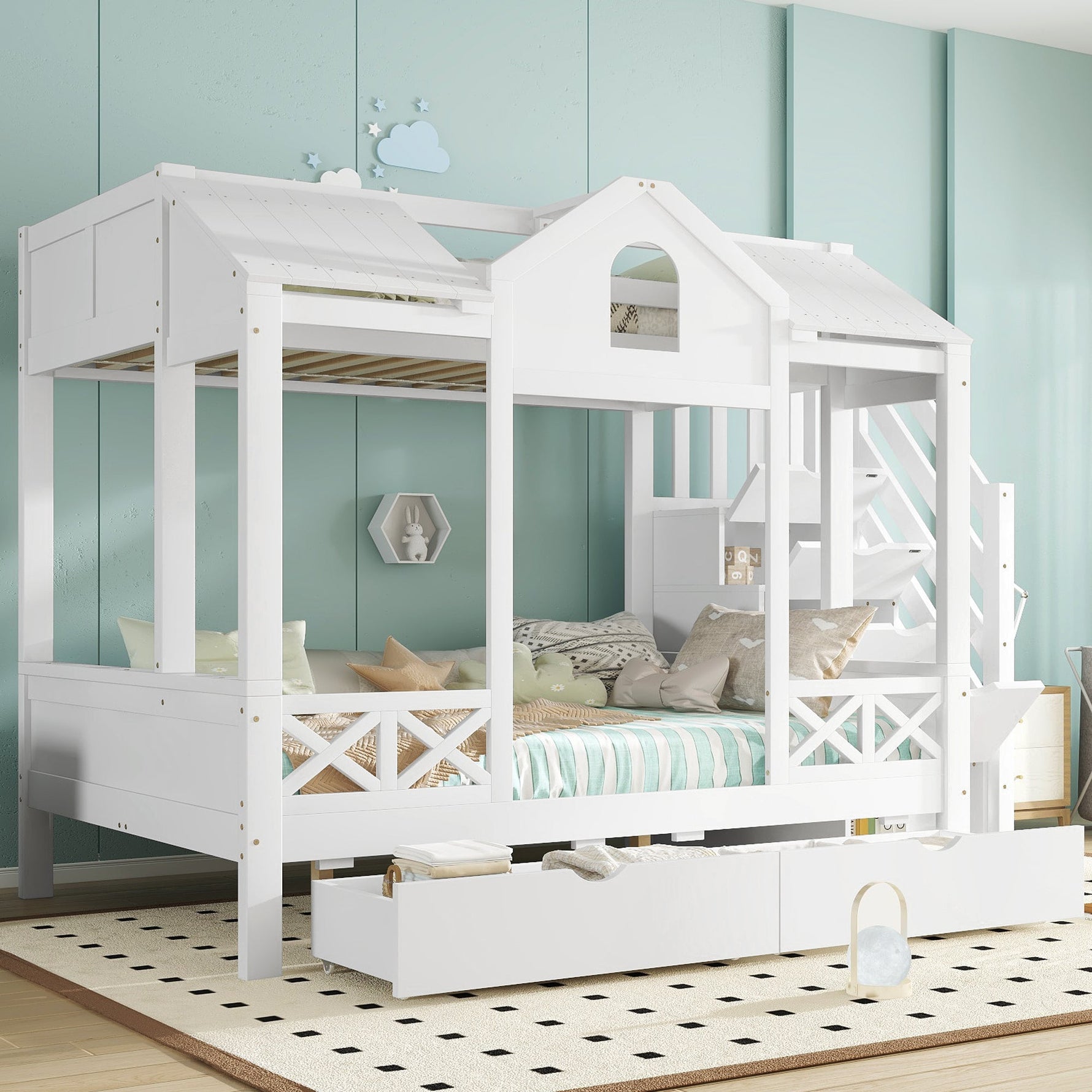 Bunk Bed with Windows Roof Stair Storage Drawers 90/140x200cm White Pine